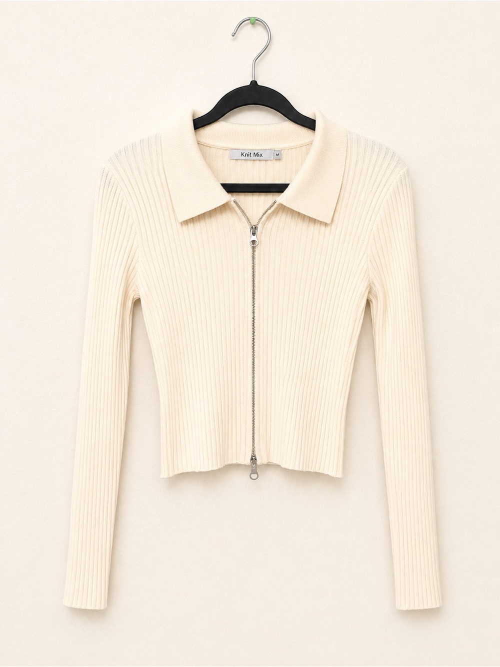 Women's Cream Ribbed Zip-Front Polo Sweater